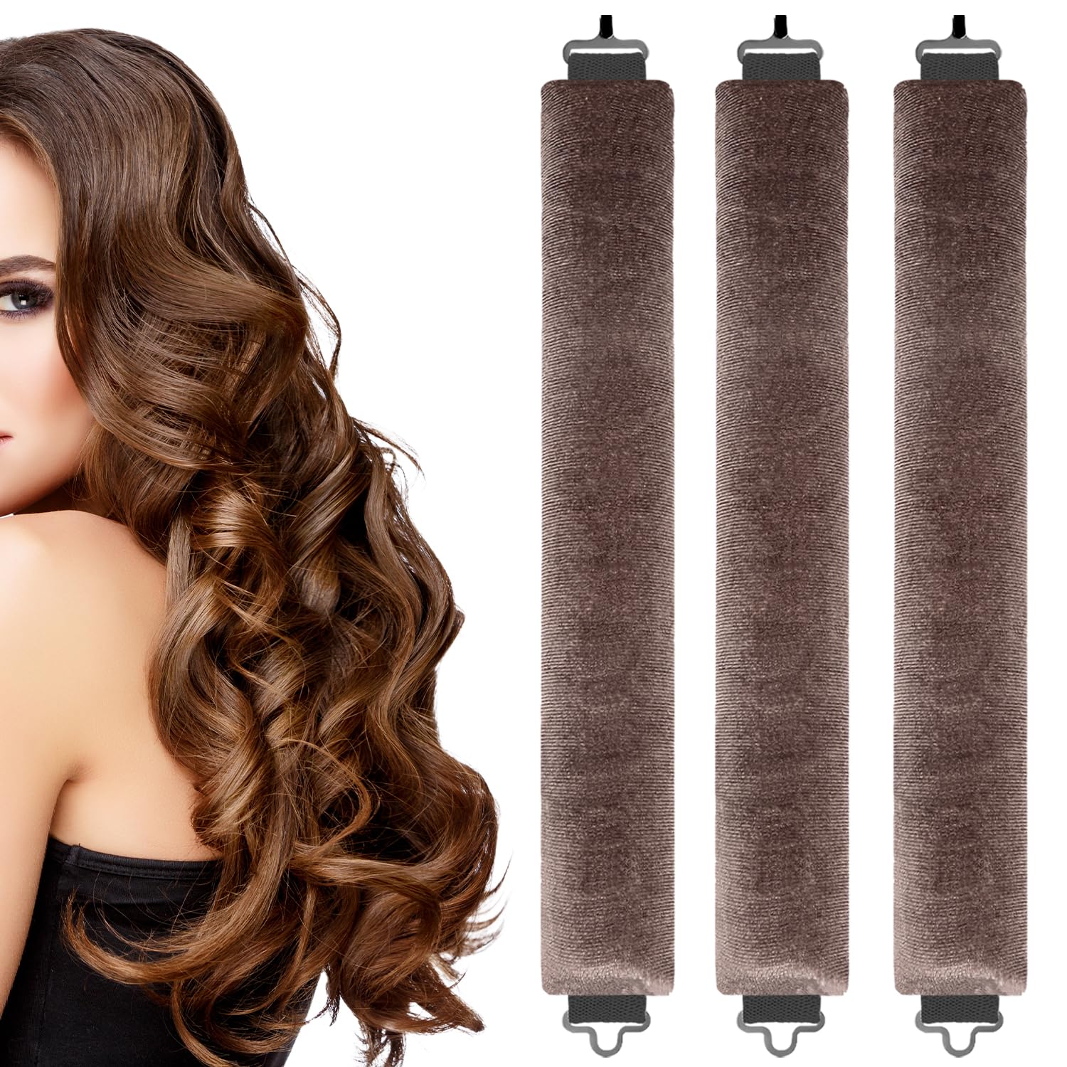 3 Pcs Heatless Curlers Headband Hair Styling Set - No Heat Blowout Rods for Long Short Wavy Hair DIY Styling (Brown)