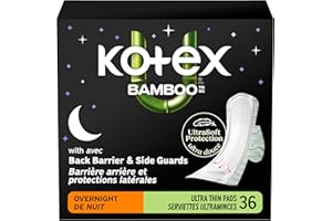 Kotex Bamboo Ultra Thin Overnight Pads with Wings, 36 Count (Packaging May Vary)
