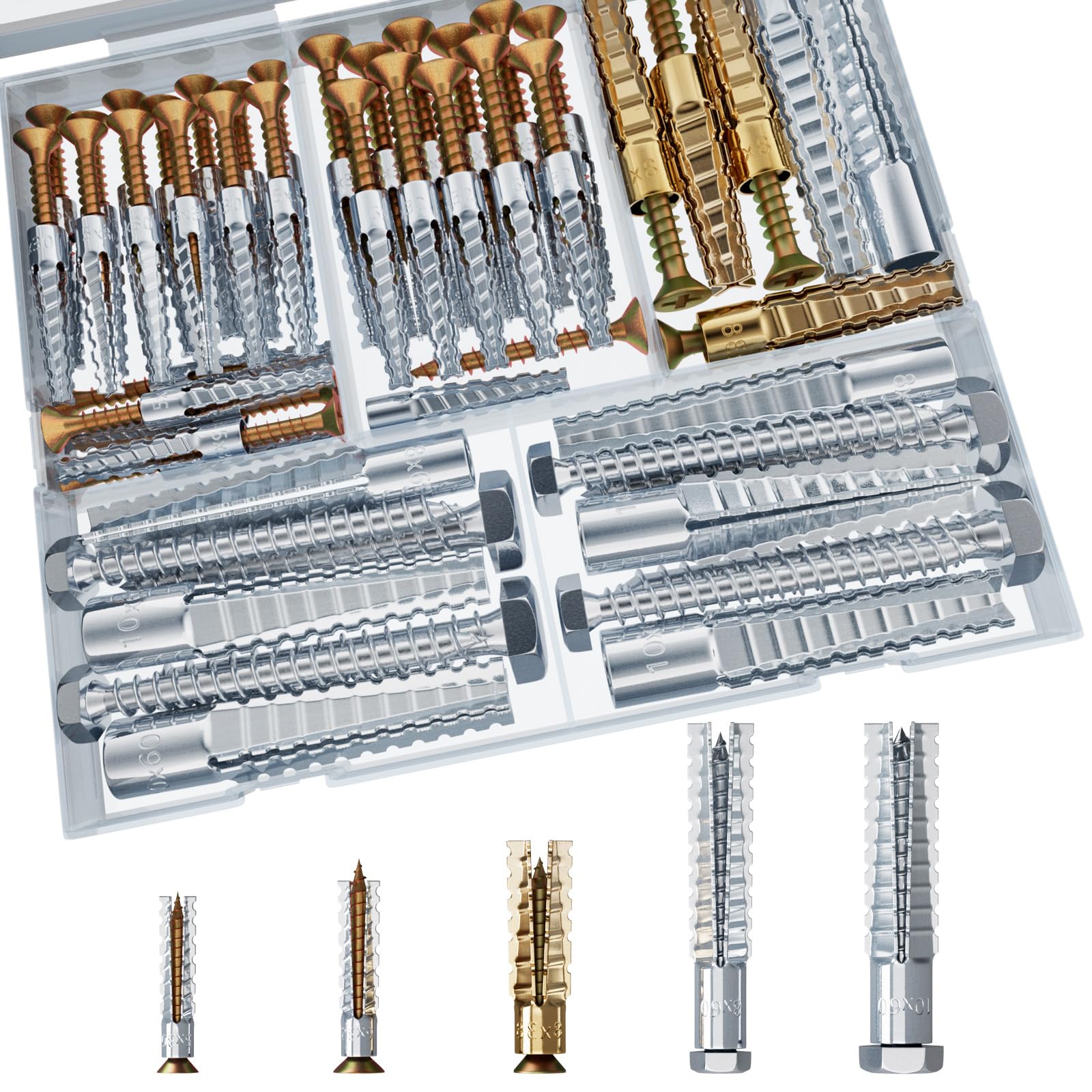 ZUYUEE Wall Plugs,84PCS 5 Sizes of Metal Expansion Toothed Wall Anchors,Screws and Wall Plugs Set,Concrete Anchors,and Wall Plugs for Brick