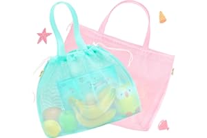Tagitary Beach Toys Kids Beach Bag Tote with Drawstring, Pink Blue Mesh Bag Travel Beach Essentials for Kids Swim Pool Gym Bag Camping Accessories Toys Storage Lightweight Foldable Birthday Gifts