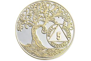 5 Year XL 40mm Nickel & Gold Plated AA Coin - Sobriety Mint Twisted Tree of Life Recovery Medallion/Chip - Silver/Gold