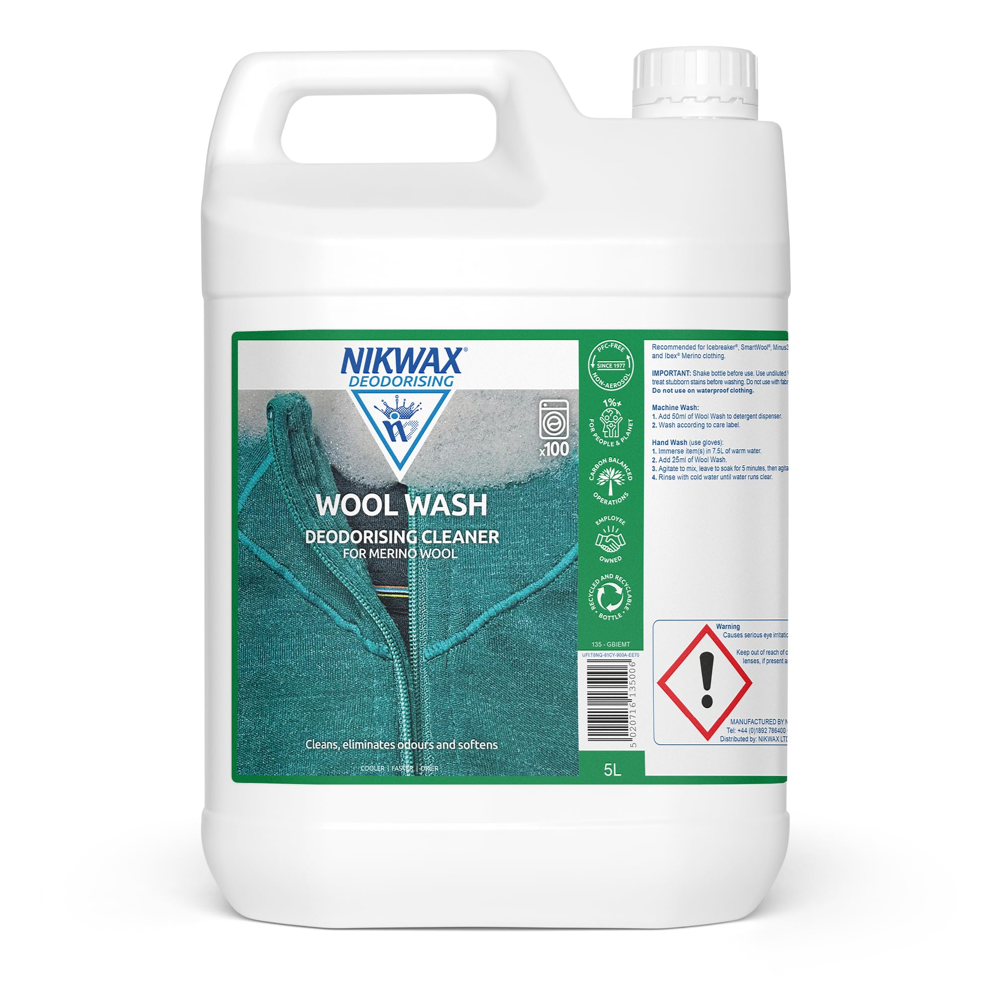 NIKWAX WOOL WASH High-Performance Cleaner and Conditioner for Woollen Base Layers. Cleans, Softens, Enhances Wicking, Freshens Wool, Merino Sports Clothing and Accelerates Drying - 5 Litre