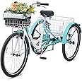 Viribus Adult Tricycle, 7 Speed Tricycle for Adults with Front & Rear Removable Wheeled Baskets, 3 Wheel Bikes for Adults Women Men 26 in, Aqua White Adults Trike 400 lb.
