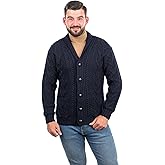 SAOL 100% Merino Wool Men's Aran Cable Knit Shawl Collar Casual Irish Cardigan with Buttons and Pockets