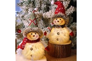 Juegoal 2 Pack Christmas Table Decorations, 10 Inch Lighted Plush Snowmen Figurines, Light Up Snowman Holiday Present, Battery Operated Xmas Gifts Tabletop Ornaments Dinner Party Supplies, Brown Brim