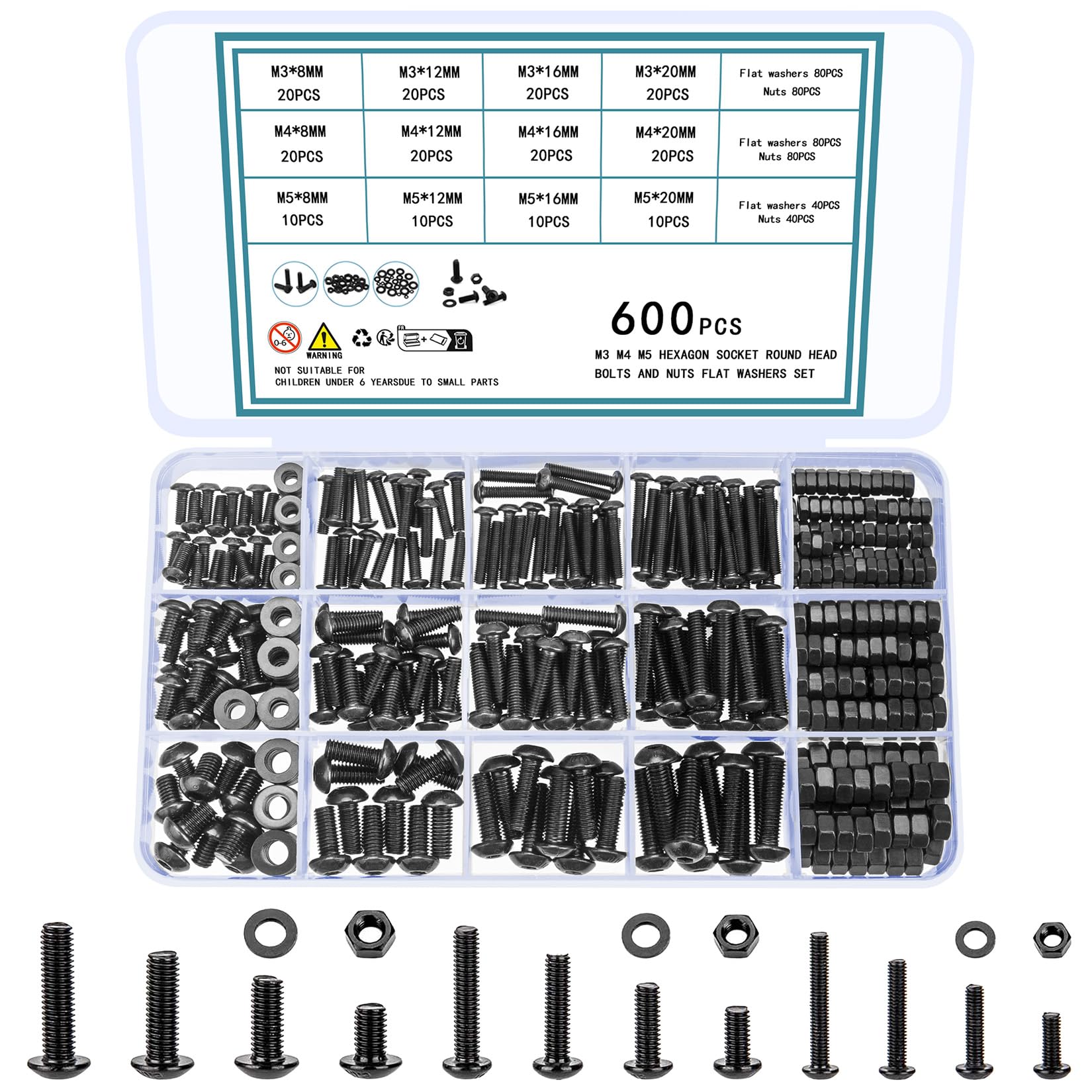 TOOINKCV 600 Pcs M3 M4 M5 Metric Screws Bolts and Nuts and Washers Assortment Kit, Button Head Hex Socket Head Nuts and Bolts and Flat Washers, Metric Machine Screws Assortment Kit