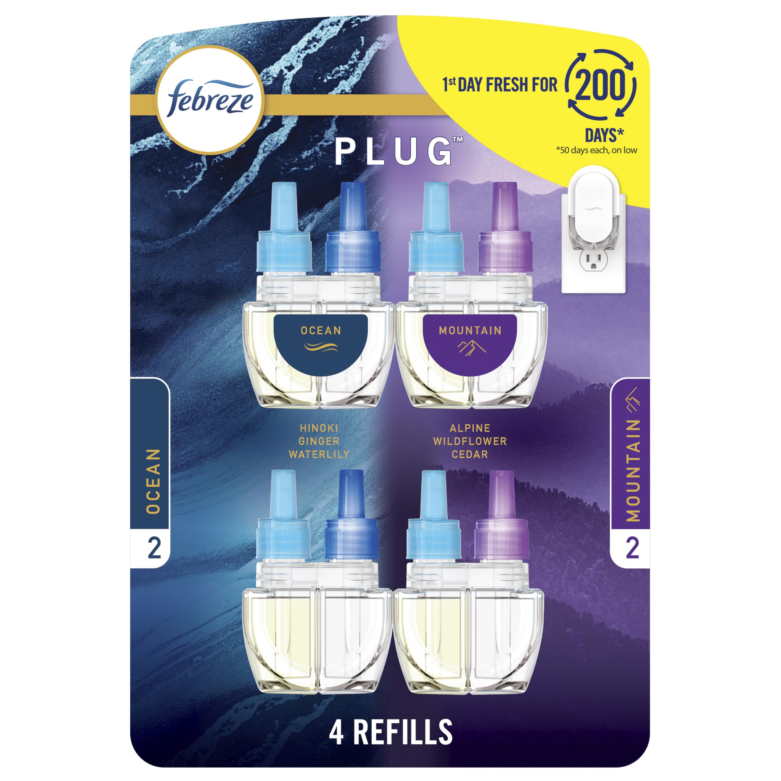 Photo 1 of Febreze Plug In Air Freshener, Odor-Fighting Scented Oil Refill, Air Fresheners for Home and Bathroom and Kitchen, Long Lasting for Strong Odors, Ocean & Mountain Scents, 0.87oz Refills, 4 Count