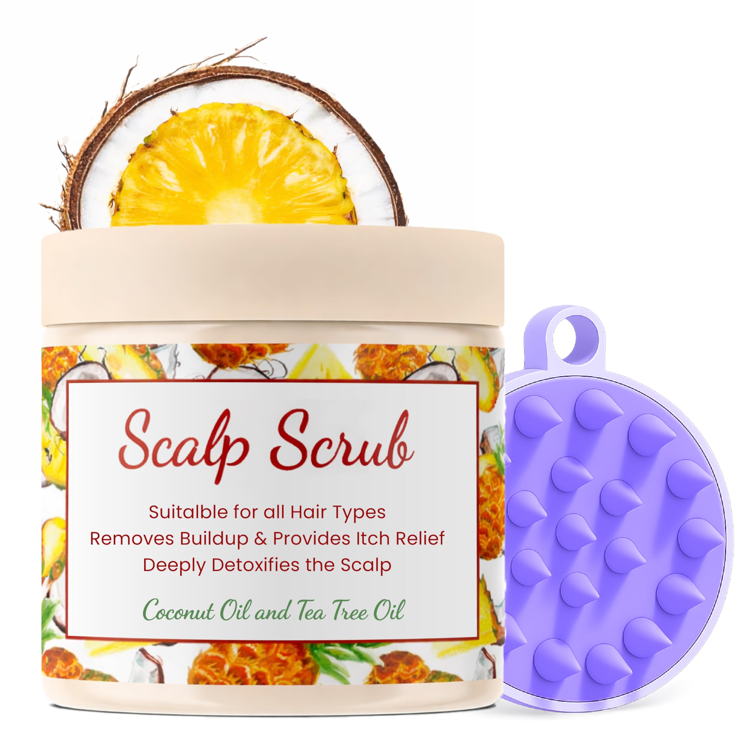 CalmGrace Exfoliating Scalp Scrub in Bigger Size with Silicone Brush | Fortified with Dead Sea Salt, Tea Tree Oil, Coconut Oil & Vitamin C, E | Detox Hair Care Set for Dandruff & Itchy Scalp
