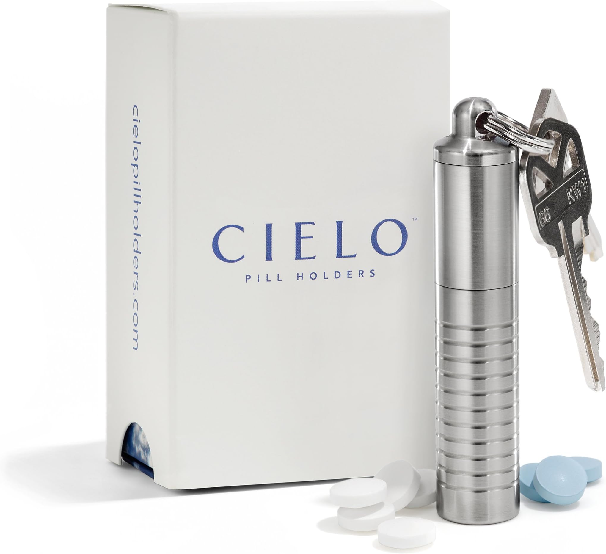 Cielo Pill Holders - Stainless Steel Tall Slim Dual Chamber Keychain Pill Fob - Made in USA - Lifetime Guarantee - Pill Case (0.5" id; 3.1" h)