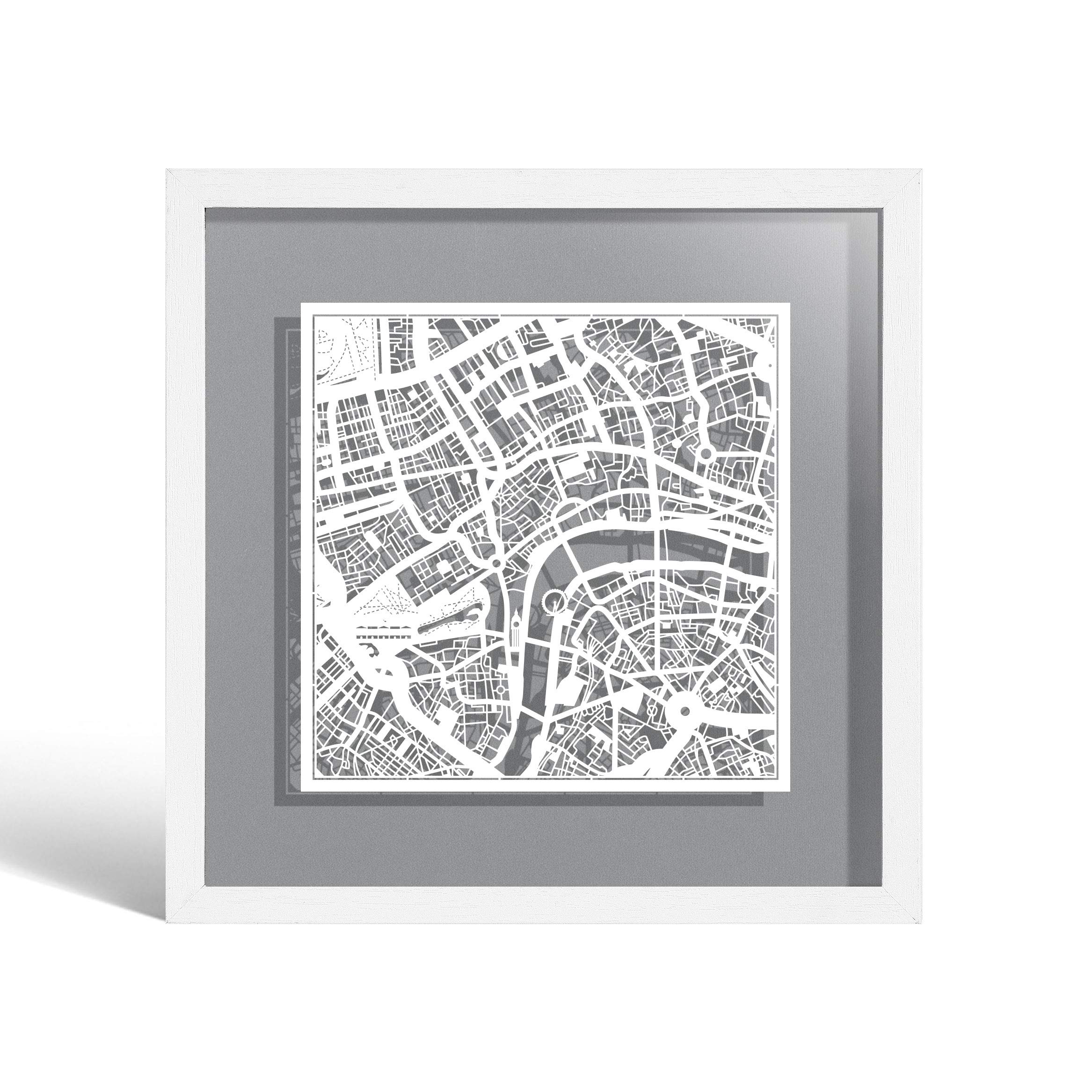 O3 DESIGN STUDIO London Paper Cut Map framed, White map, White frame, 9x9 inches, Gift Boxed, 4 background color, self-changing, Paper Art