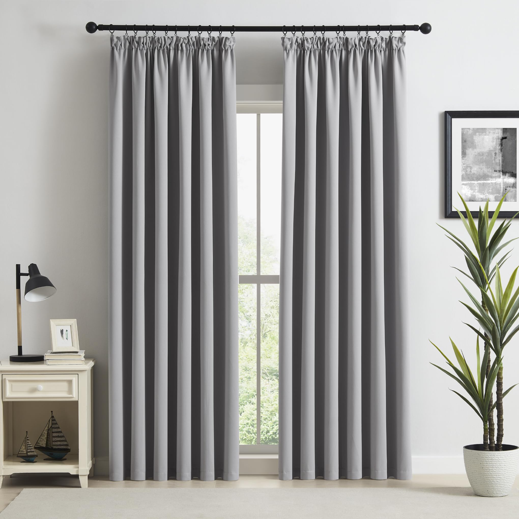 Beauoop Pencil Pleat Blackout Curtains for Living Room 72 inch Drop Grey Curtains for Bedroom Rod Pocket Light Blocking Thermal Insulated Drapes Window Treatment 2 Panels, W66 x L72