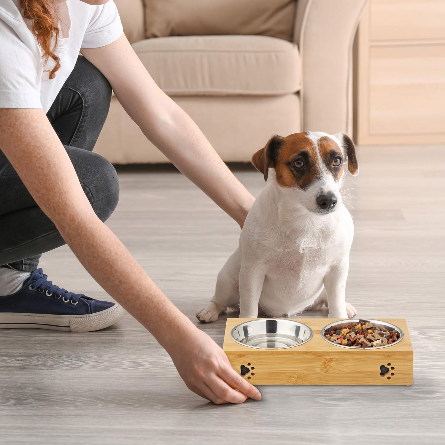 Relaxdays Feeding Station for Small Dogs 2 Bowls, 300 ml, Raised, Bamboo, Stainless, HWD: 6.5x31.5x15 cm, Natural/Silve - Image 3