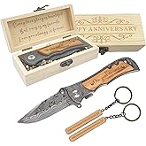 1 Year Anniversary Boyfriend Gifts for Him, One Year Wedding Anniversary Keepsake for Men, 1 Year Paper Anniversary Engraved Pocket Knife with Wood Box, 1st Anniversary Marriage Presents for Husband