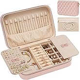 Lolalet Travel Jewelry Case for Women Girls, Travel Jewelry Organizer Box with Mirror & Clear Storage Bag, Small Portable Earring Necklace Bracelet Ring Case, Birthday Valentine Gifts -Medium, Pink
