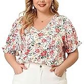 Agnes Orinda Plus Size Floral Tops for Women's V Neck Ruffle Short Sleeve Blouses Chic Summer Tops
