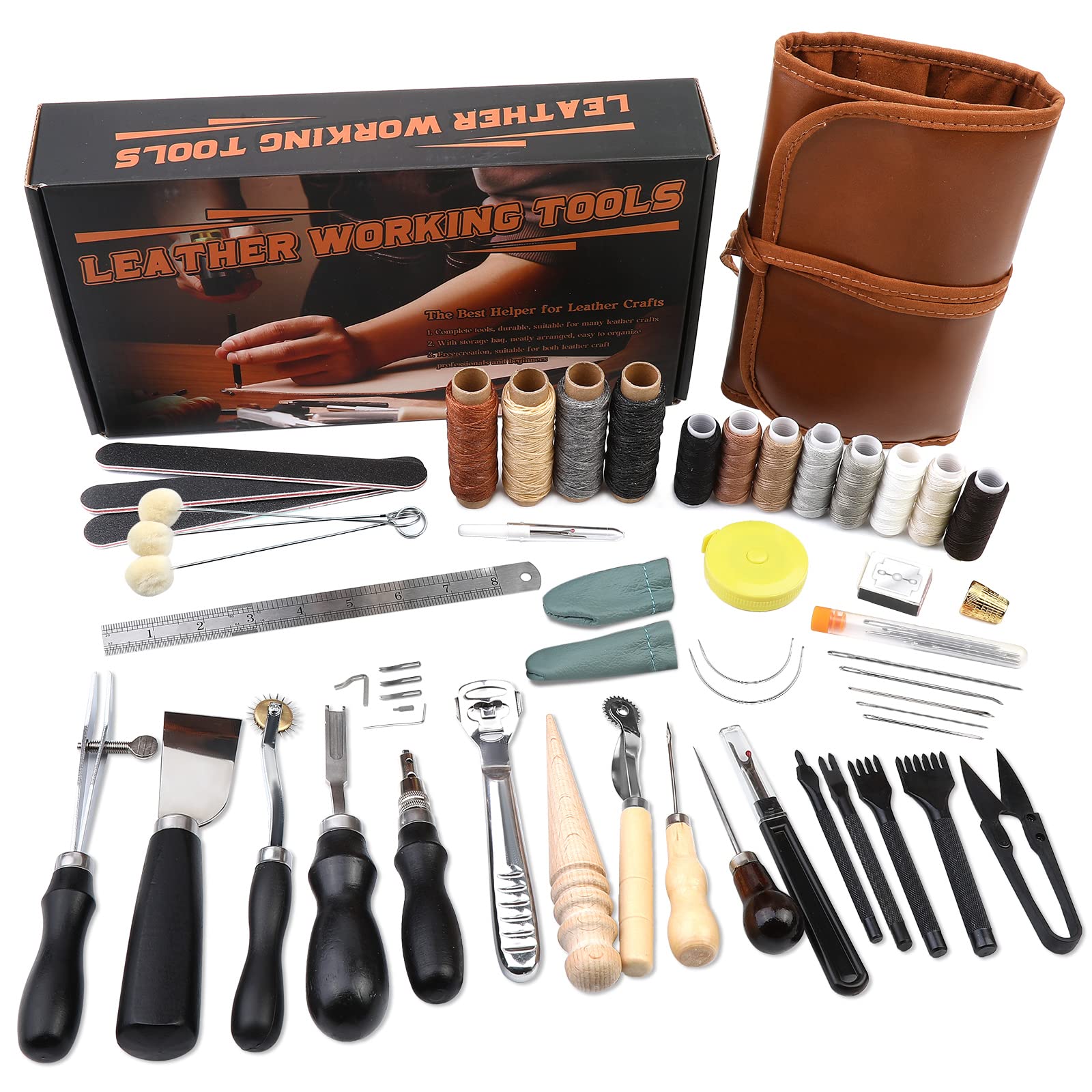 Photo 1 of BUTUZE Leather Tooling Kit - Practical Working Tools With Beveler, Groover, Stitching Punch, Sewing Thread and Needles - Includes Roll Bag and Manual