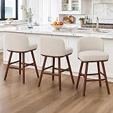 LUE BONA Bar Stools Set of 3, 27.6" Wooden Legs, Fabric in Beige | Ergonomic Back Support, 350lbs Weight Capacity, Fits 37‑39" Countertop, Ideal for Kitchen Island &amp; Home Pub