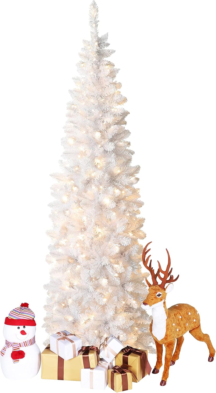 Trees - VEIKOU 6.5FT Artificial Christmas Tree Prelit, White Pencil Christmas Tree, Slim Christmas Tree w/250 Lights & 680 Tips for Indoor Home Christmas Decoration