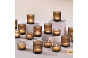 NITIME 10pcs Ribbed Amber Votive Candle Holders, Assorted Glass Tea Light Candle Holders for Fall Decor, Amber Candle Holders for Wedding Centerpieces, Thankgiving and Christmas Decorations