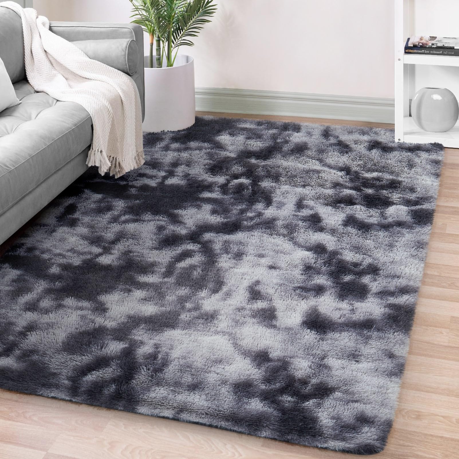 FVVRAX Ultra-Plush Shaggy Area Rug for Bedroom & Living Room – Machine Washable Luxury Tie-Dye Carpet, Non-Slip Fluffy Floor Mat for Cosy Homes, Nursery & Dorm Decor, 90x150cm, Dark Grey — image 1