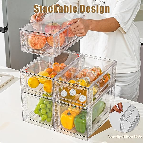 CLEMATE 4PACK STACKABLE KITCHEN STORAGE ORGANIZER, PANTRY ORGANIZERS AND STORAGE, CLEAR FOODS ORGANIZER BINS WITH HANDLES, EASILY ASSEMBLE FOR BATHROOM, KITCHEN, PANTRY, CABINET, CLOSET