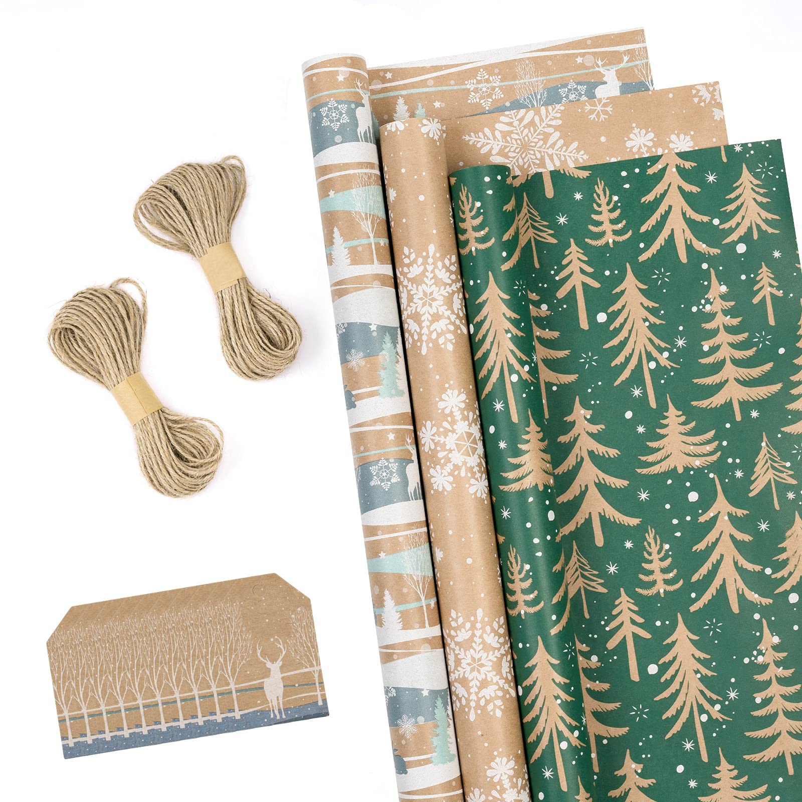 RUSPEPA Christmas Wrapping Paper Rolls with Tags, Jute String - 43cm x 3 Meter per Roll, Total of 3 Rolls