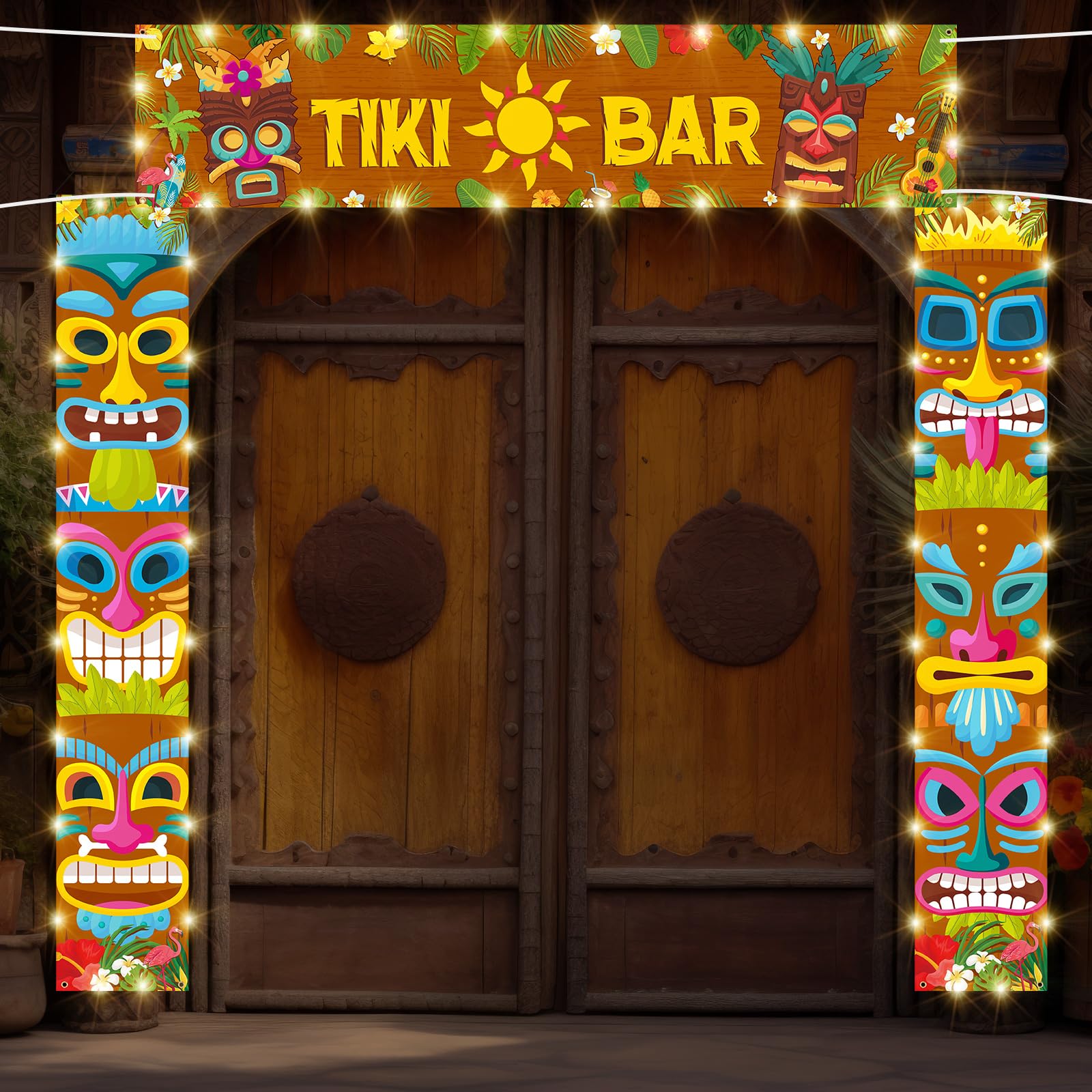 Photo 1 of Skylety 3 Pcs LED Hawaiian Tiki Bar Banner Party Decorations with 6 Light Strings, Aloha Banner Welcome Door Porch Signs for Tiki Bar Tropical Carnival Party Jungle Backdrop Wall Hanging Supplies