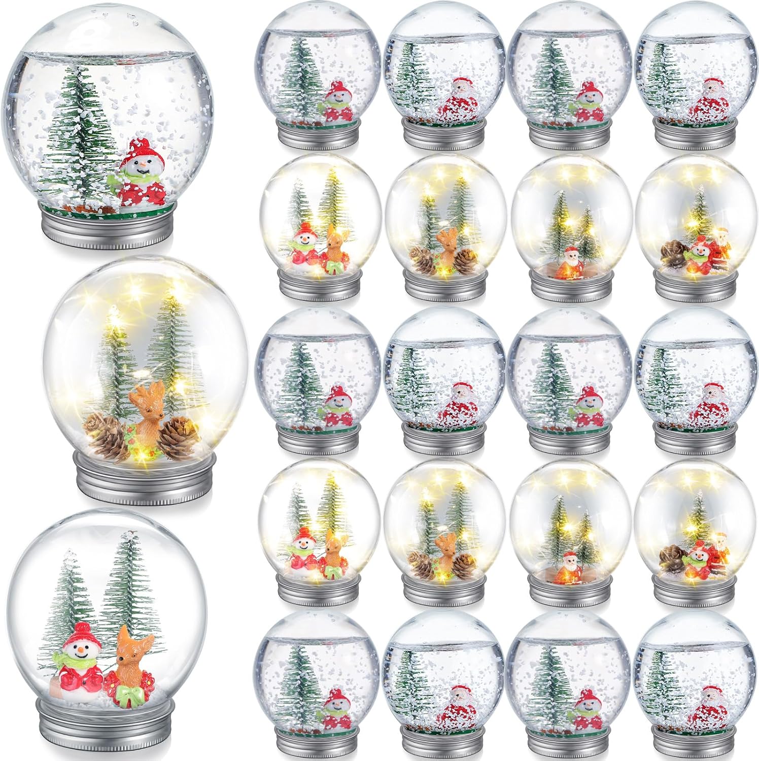 Snow Globes - Liliful 24 Pack Christmas LED Clear Plastic Snow Globe Kit with Mini Christmas Tree Artificial Pine Cone Santa Claus Snowmen Reindeer Faux Snow Flake LED Light for Xmas Holiday DIY Crafts Decorations