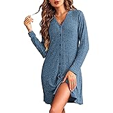 Ekouaer Nightgowns for Women Button Down Night Shirt Long Sleeve Ribbed Knit V-Neck Sleepwear Pajama Dress