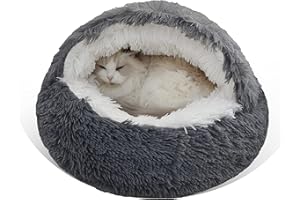 NZDWZDN Gavenia Round Fluffy Hooded Cat Bed Cave, Donut for Indoor Cats, Calming Dog Beds, Anti-Slip Waterproof Bottom, Washable, 20in, Dark Grey
