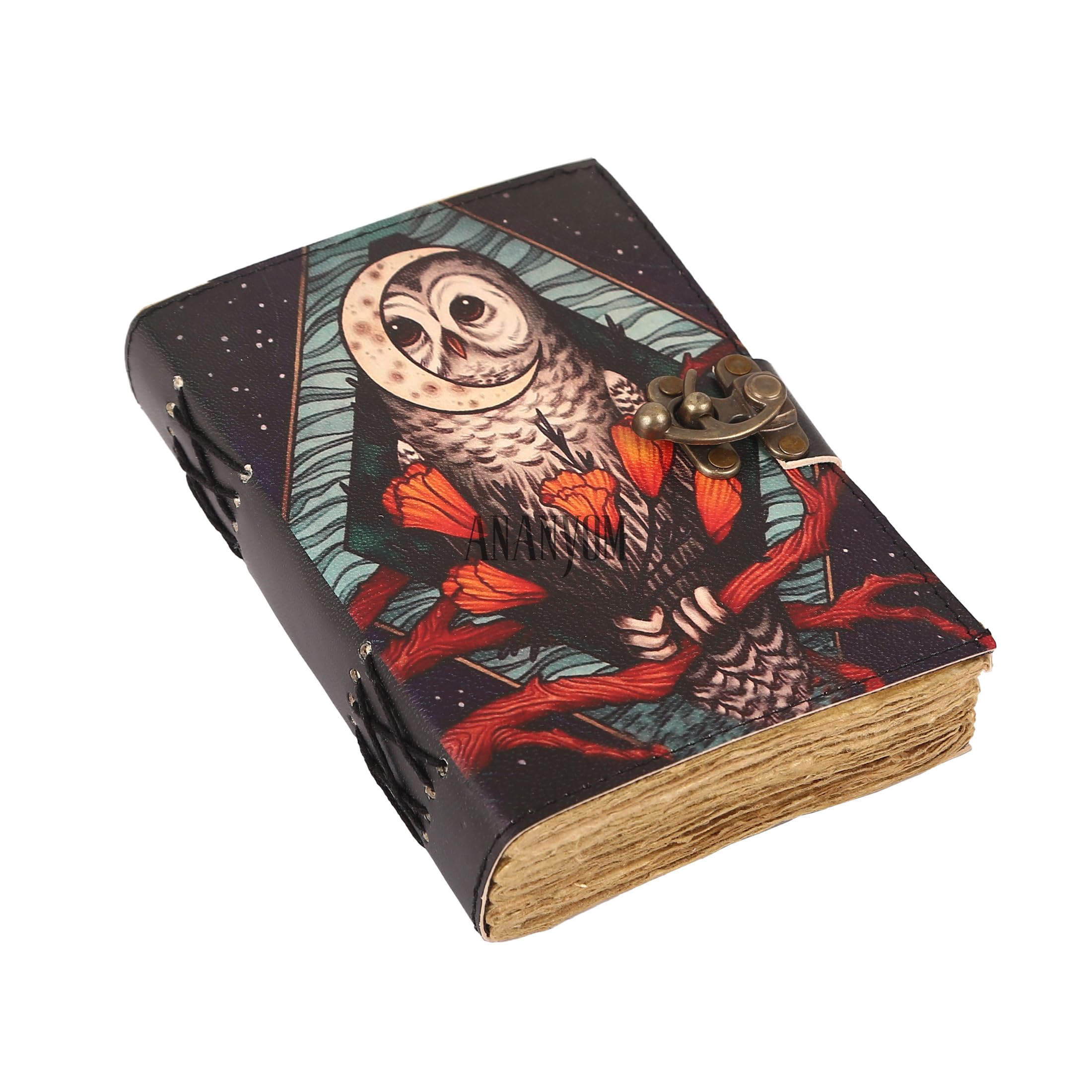 ANANYOM Leather Journal for Writing Gift Set, Owl Spell Vintage Leather Notebook Diary Sketchbook, 200 Blank Deckle Paper, Unruled, Brass Clasp Lock Journal, For Men & Women