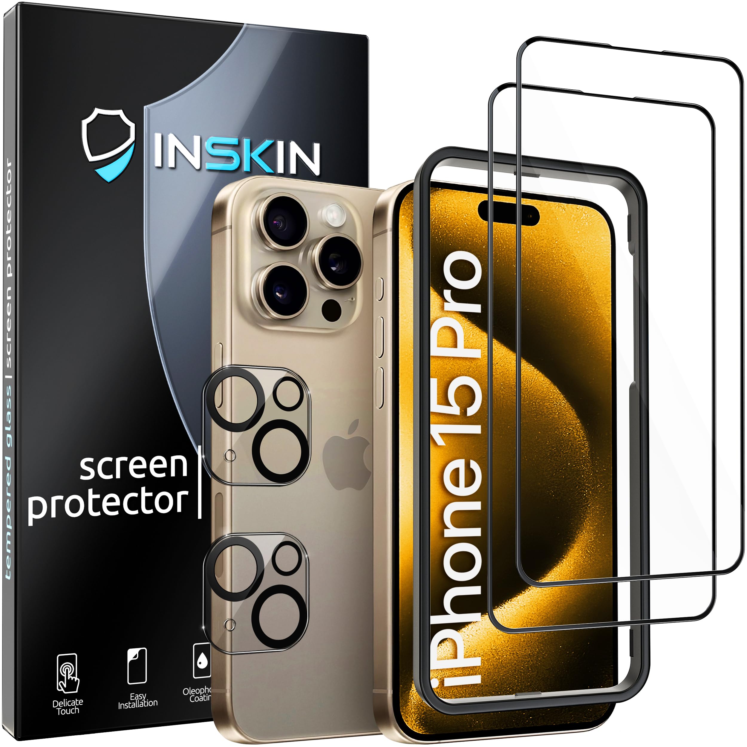Inskin Mate Anti Glare Tempered Glass Screen Protector for iPhone 15 Pro 6.1 inch [2023] - Ultimate 2+2 Bundle with HD Clear Camera Lens Guard and Auto Alignment Tray, Case Compatible