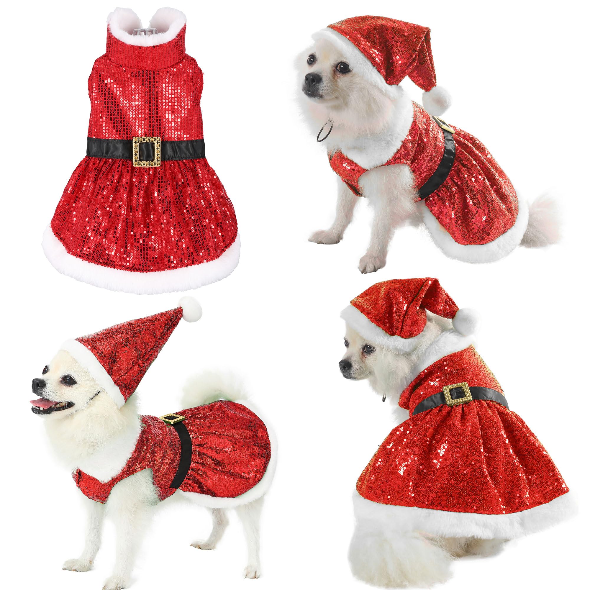 Yoption Christmas Mrs. Claus Sequin Dog Dress and Hat Set, Christmas Party Dog Cat Costumes, Funny Puppy Xmas Party Cosplay Outfits (Red, S)