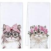 Qnhij Coquette Cat Kitchen Towels, Cats Lover Mom Lady Gifts Dish Tea Towels for Kitchen Decor, Pink Bow Floral Cute Kitten Decorative Hand Towels for Bathroom, 16x24 Inch Set of 2