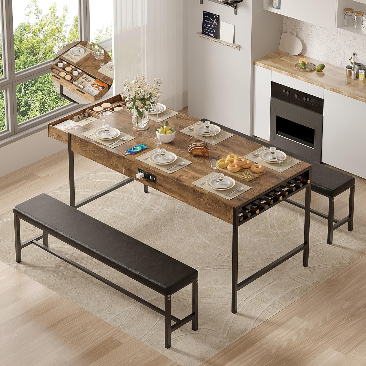Photo 1 of VECELO 65" Dining Table Set for 4-6, 3-Piece Kitchen Set with 2 Utensil Drawers, 2 Benches & Wine Rack, Space Saving & Heavy Duty, with Metal Frame & MDF Board, Rustic Brown