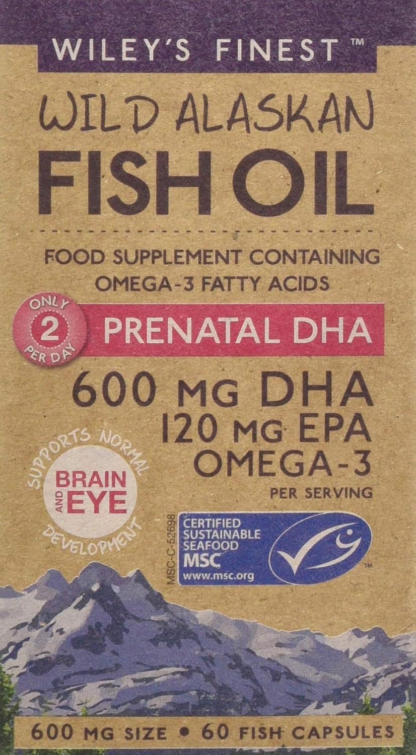 Wiley's Finest Wild Alaskan Fish Oil Prenatal DHA, 720mg EPA and DHA Omega-3s for Pregnant Women and Nursing Mothers