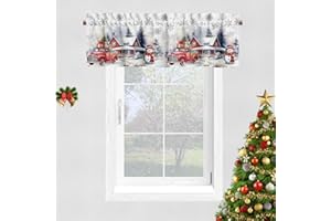 YOSTEV Valance Curtains for Kitchen Window, Red Truck Snowman Snowflakes Farmhouse Christmas Theme Velvet Window Valances, Winter Window Treatment Rod Pocket Valance for Bathroom Cafe Room 52x18 inch