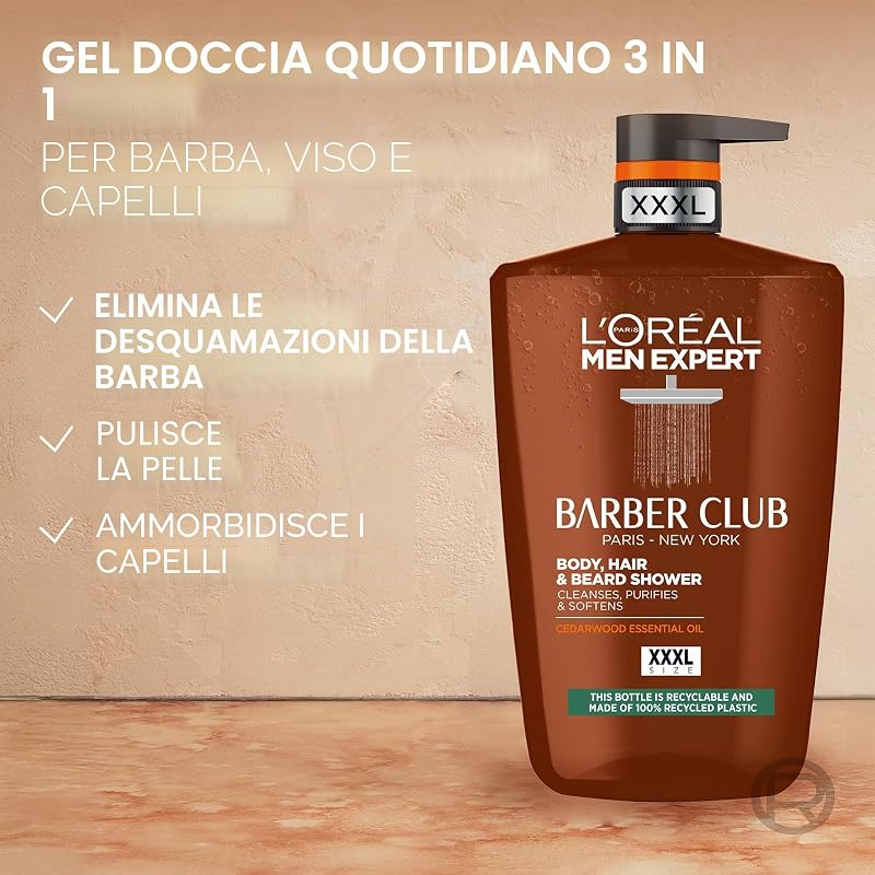 L'Oréal Men Expert Gel doccia Barber Club formulato con olio di legno di cedro per fornire pulizia, nutrizione e idratazione di barba, pelle e capelli