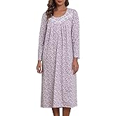 QRRLUEN Women's Long Sleeve Nightgowns 100% Cotton Nightgowns Sleep Dress Long Ladies Night Gowns Victorian Nightdress Sleepwear Pink Rose Floral L