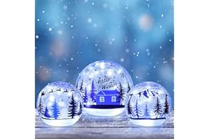 YEAHOME Winter Decorations Indoor, Set of 3 Crackle Glass Ball with LED Lights Christmas Tree House, Christmas Table Decorations Hello Winter Globes with Timer for Home Mantel Fireplace Decor