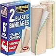 Premium Elastic Bandage Wrap - 6” (2pk) - Strong Compression - Self-Closing Reusable Bandages for Legs, Knee, Abdomen, Lymphedema - Body Wrap