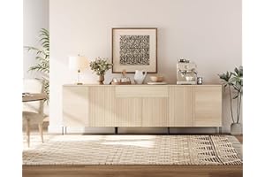 WAMPAT 94.5" Buffet Sideboard Cabinet with 1 Drawer & 6 Doors, 3-in-1 Fluted Storage Cabinet with Adjustable Shelves, Modern 