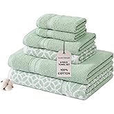 Modern Threads Trefoil Filigree 6-Piece 100% Cotton Towel Set – Reversible Yarn Dyed Jacquard – Includes 2 Bath Towels, 2 Hand Towels, 2 Washcloths – Absorbent, Quick Dry, Soft & Durable – Sage Green