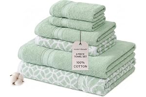 Modern Threads Trefoil Filigree 6-Piece 100% Cotton Towel Set – Reversible Yarn Dyed Jacquard – Includes 2 Bath Towels, 2 Hand Towels, 2 Washcloths – Absorbent, Quick Dry, Soft & Durable – Sage Green