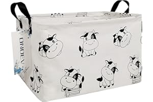 ONOEV Rectangular Folding Laundry Basket,Canvas Basket,Nersury Hamper,Suitable for Children,Office,Bedroom,Clothes,Toys Storage (REC Cow), 14.9’’L ×10.2’’W×9.05’’H inches