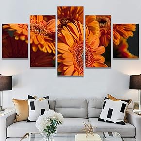 SIGNWIN 5 Panel Canvas Wall Art Orange Floral...