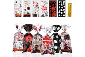 JMANNI Halloween Cellophane Treat Bags, 120pcs Halloween Plastic Clear Candy Bags, Candy Bags Bats Pumpkin and Spider Halloween Goody Bags with Twist Ties for Kids Trick or Treat, Halloween Party