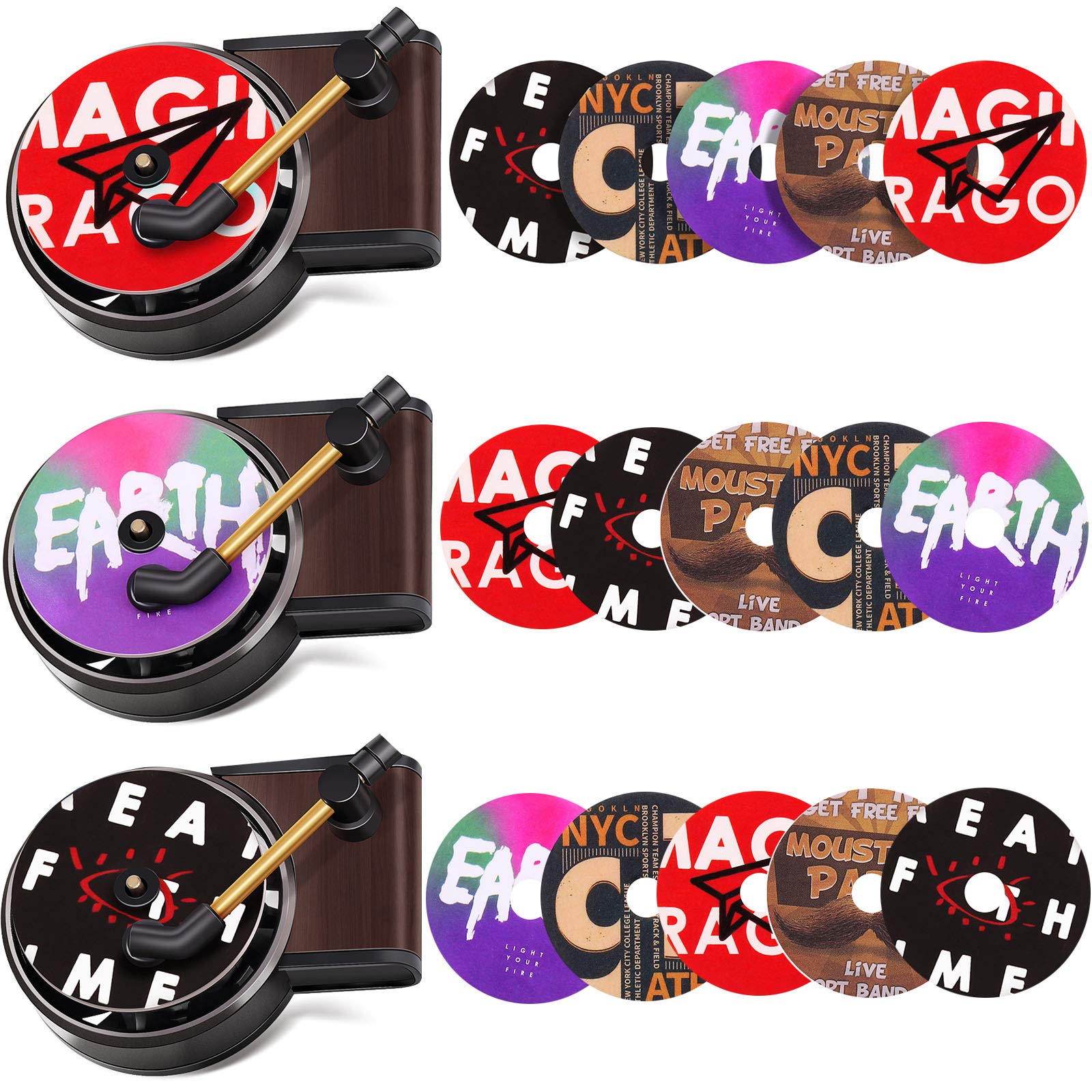 Car Retro Record Players Decor and Car Air Vent Fragrance Aromatherapy Tablets Car Phonograph Perfume Air Fresheners in Retro Style Record Player Design for Car Decor (18 Pieces)