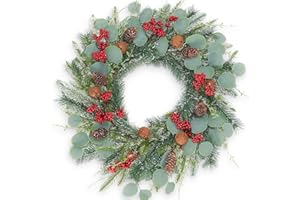 CARACALEAP Winter Wreaths for Front Door 24 inch, Winter Greenery Eucalyptus Wreath with Hook Artificial Cedar Wreaths Christmas Berries Pinecones Wreaths for Windows Wall Christmas Decorations Indoor Outdoor