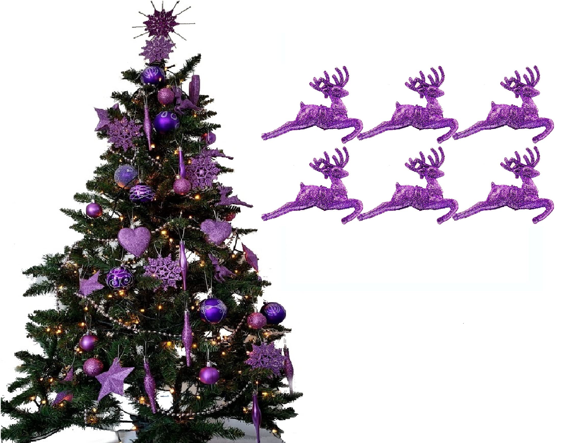 Pack of 6 - Hanging Glitter Reindeer Christmas Tree Decorations - 2.2cm x 9.5cm (Lilac)